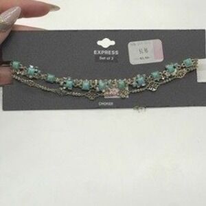 Express Choker Set of 3 Gold Tone Faux Turquoise Filigree Layered Necklaces NEW